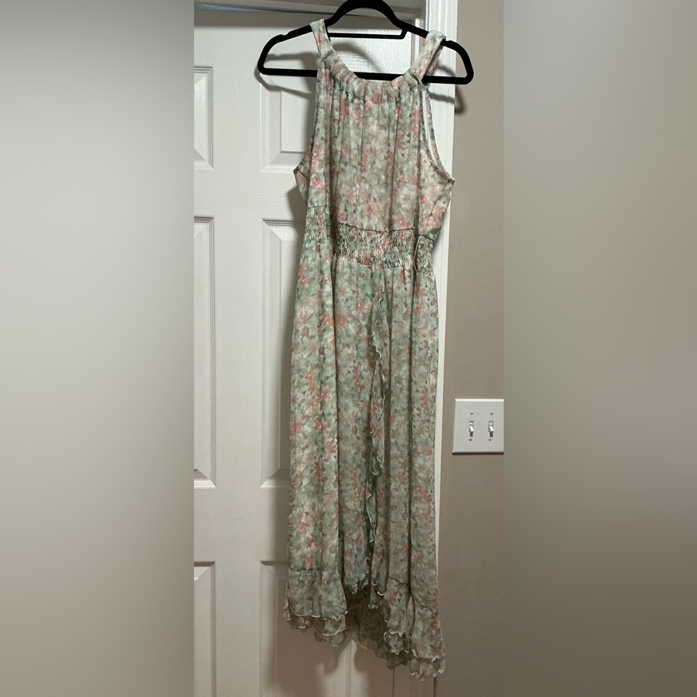 Floral Mint Ruffle Maxi Hi Low Dress (Size 14/16)